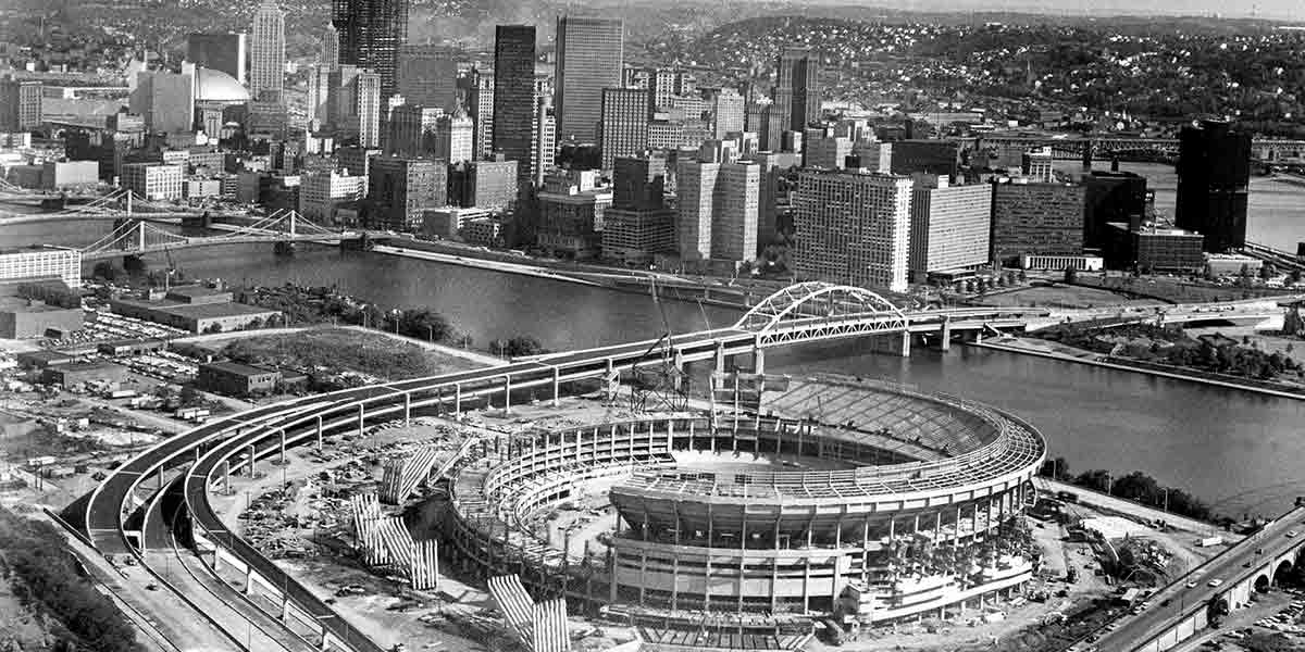 Construction on Three Rivers Stadium begins in 1968.